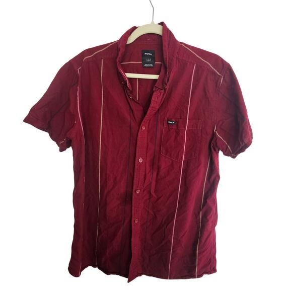 RVCA Shirt Red Striped Button Front Short Sleeve Top Men L Slim Fit Collared - Picture 1 of 8